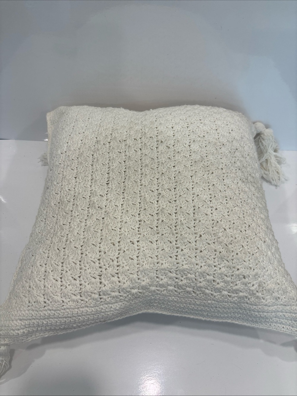 Cream Crochet Knit Decorative Pillow with Tassels